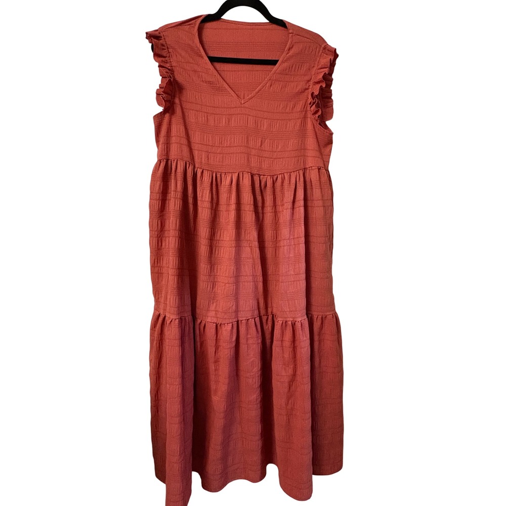 (B5) Shein Women Terracotta Rust Tiered Ruffle Midi Dress V-Neck Textured L 8 10